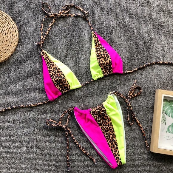 NEW‼️NEON YELLOW PINK LEOPARD PADDED- bikini - Picture 5 of 6